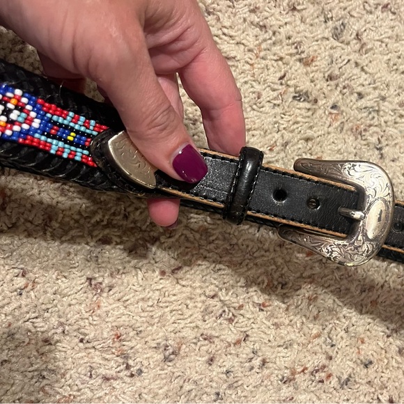 Vintage Eddie Bauer Beaded Leather Belt Braided Edges Black Silver Size 34 - Picture 2 of 9